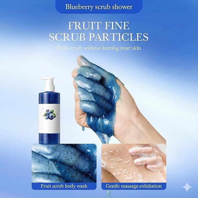 WAYFENGLI Blueberry Exfoliating Body Wash - [300ml] Antioxidant Shower Gel with Natural Seeds - Mild Body Scrub for Strawberry Legs, Dry Skin & Roughness - Sweet Berry Scent