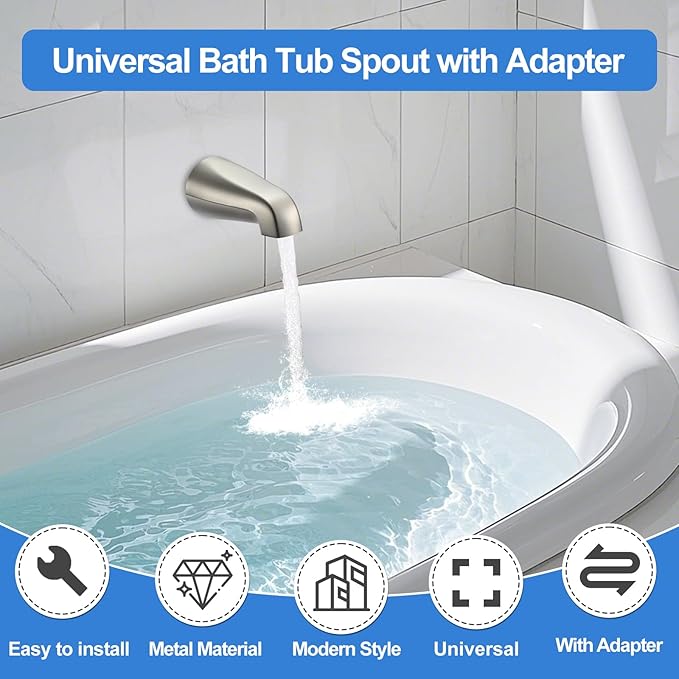 Universal Bath Tub Spout with Adapter, Bathtub Faucet Spout Without Diverter, 5" Length Bathtub Spout for 1/2'', 3/4'' IPS Inside Thread Connection and Tub/Shower Faucet (Brushed Nickel)