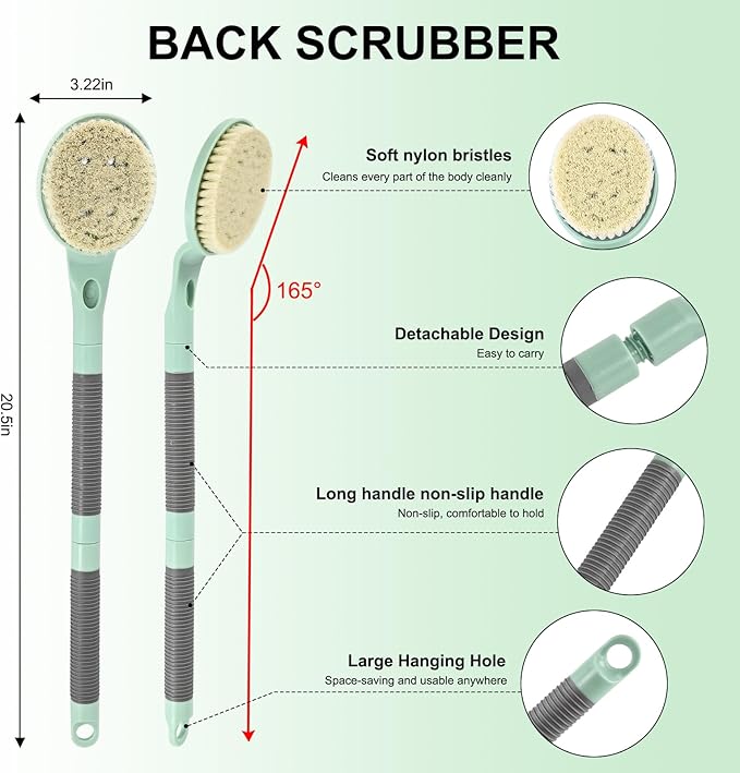 Anti-Slip Shower Back Scrubber with Detachable Long Handle Bath Brush
