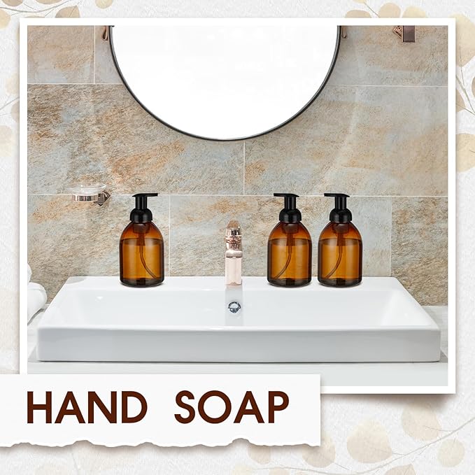 Uiifan 16 Pcs 17 oz Amber Foaming Soap Dispenser Refillable Foam Pump Bottle Liquid Plastic Container for Kitchen Bathroom Commercial Concentrated or Regular Shampoo Body Wash Dish Liquid Soap