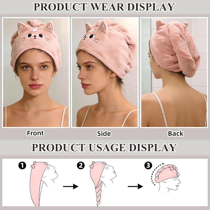 2Pack Microfiber Hair Towel Wrap for Kids, Cute Cat Absorbent Hair Drying Turbans Head Towels for Women Girls (Pink and Gray cat)