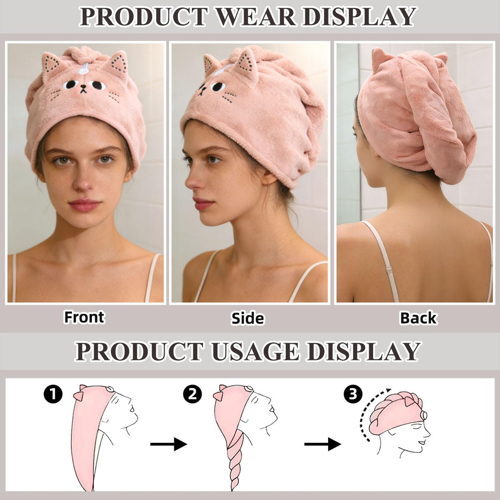 KIGOTWIN 2Pack Microfiber Hair Towel Wrap for Kids, Cute Cat Absorbent Hair Drying Turbans Head Towels for Women Girls (Pink and Gray cat)