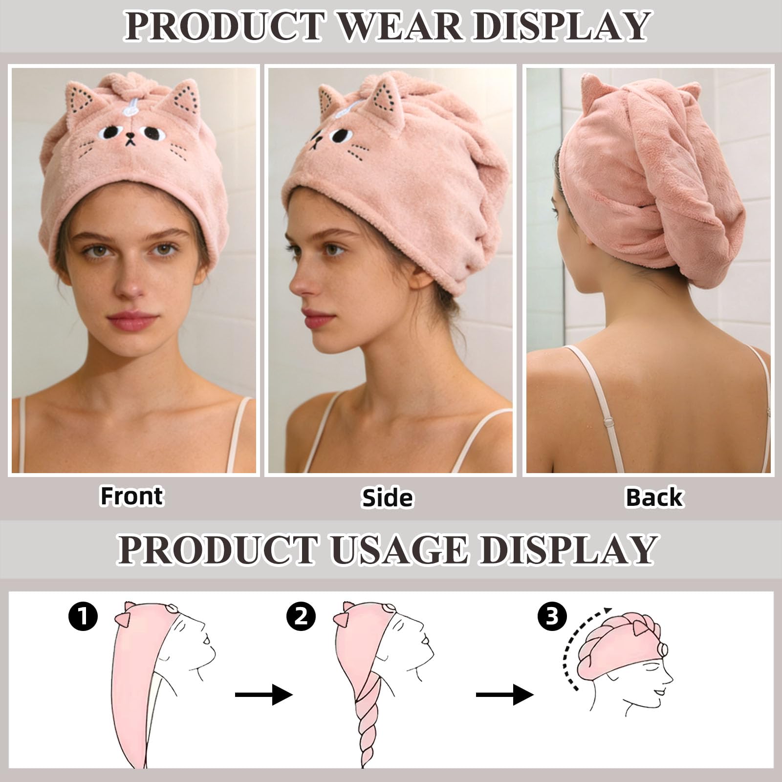 KIGOTWIN 2Pack Microfiber Hair Towel Wrap for Kids, Cute Cat Absorbent Hair Drying Turbans Head Towels for Women Girls (Pink and Gray cat)