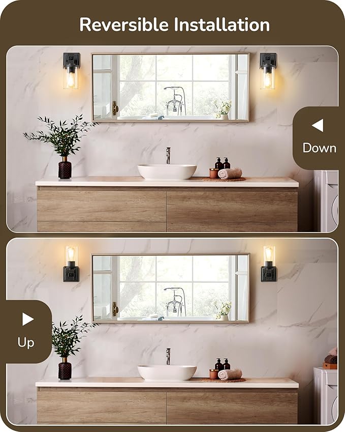 EDISHINE Vintage Bronze 1-Light Wall Sconces Set of 2, Glass Vanity Light