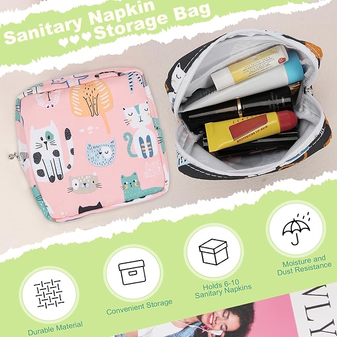 Desing Wish Sanitary Pad Storage Bag Portable Period Bag for Teen Pads/Sanitary Napkins/Small Tampons, Sanitary Napkin Storage Bag First Period Gifts for Teen Girls (Bowknot Bear)