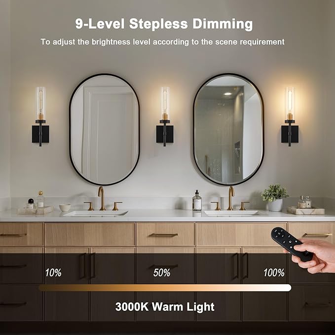 Wireless Wall Sconces with Remote Control, Battery Operated Wall Sconce Set of 2, Black & Gold Rechargeable Dimmable Wall Light for Bedroom Living room Bathroom Hallway Entryway Stairwell, 3000K