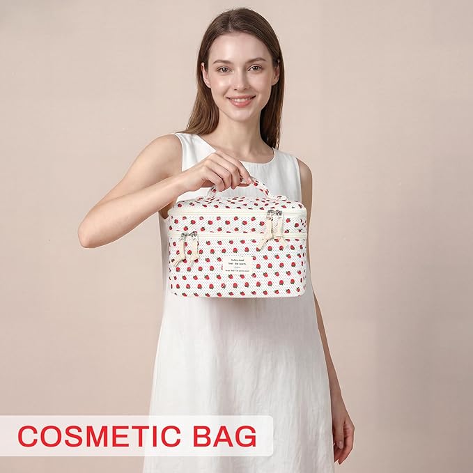 Gosect Makeup Bag, Portable Travel Make up Bag, Large Capacity Quilted Cosmetic Organizer Bag, Cute Floral Toiletry Bag for Women Girls (Strawberry)