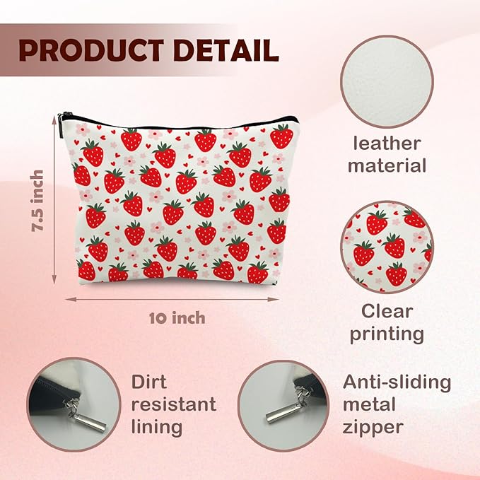 Supwhd Red Strawberry Makeup Bag, Cute Strawberry Stuff, Small Makeup Bag for Purse (PU)