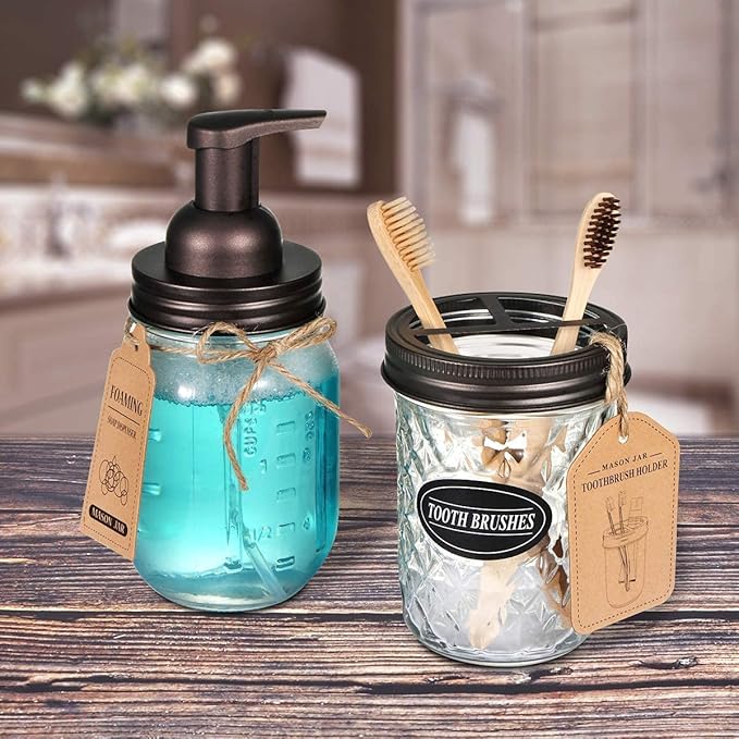Amolliar Mason Jar Foaming Soap Dispenser Pump Lids, Foaming Pump Replacement Kit for Pint Regular Mouth Mason Jar, Refill Hand Soap, Waterproof Labels, Kitchen Bathroom Farmhouse Decor, Bronze 6 Pack