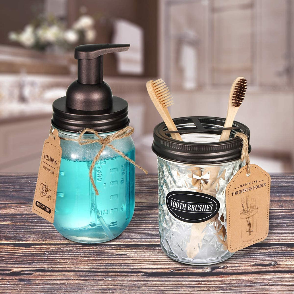 Amolliar Mason Jar Foaming Soap Dispenser Pump Lids, Foaming Pump Replacement Kit for Pint Regular Mouth Mason Jar, Refill Hand Soap, Waterproof Labels, Kitchen Bathroom Farmhouse Decor, Bronze 6 Pack