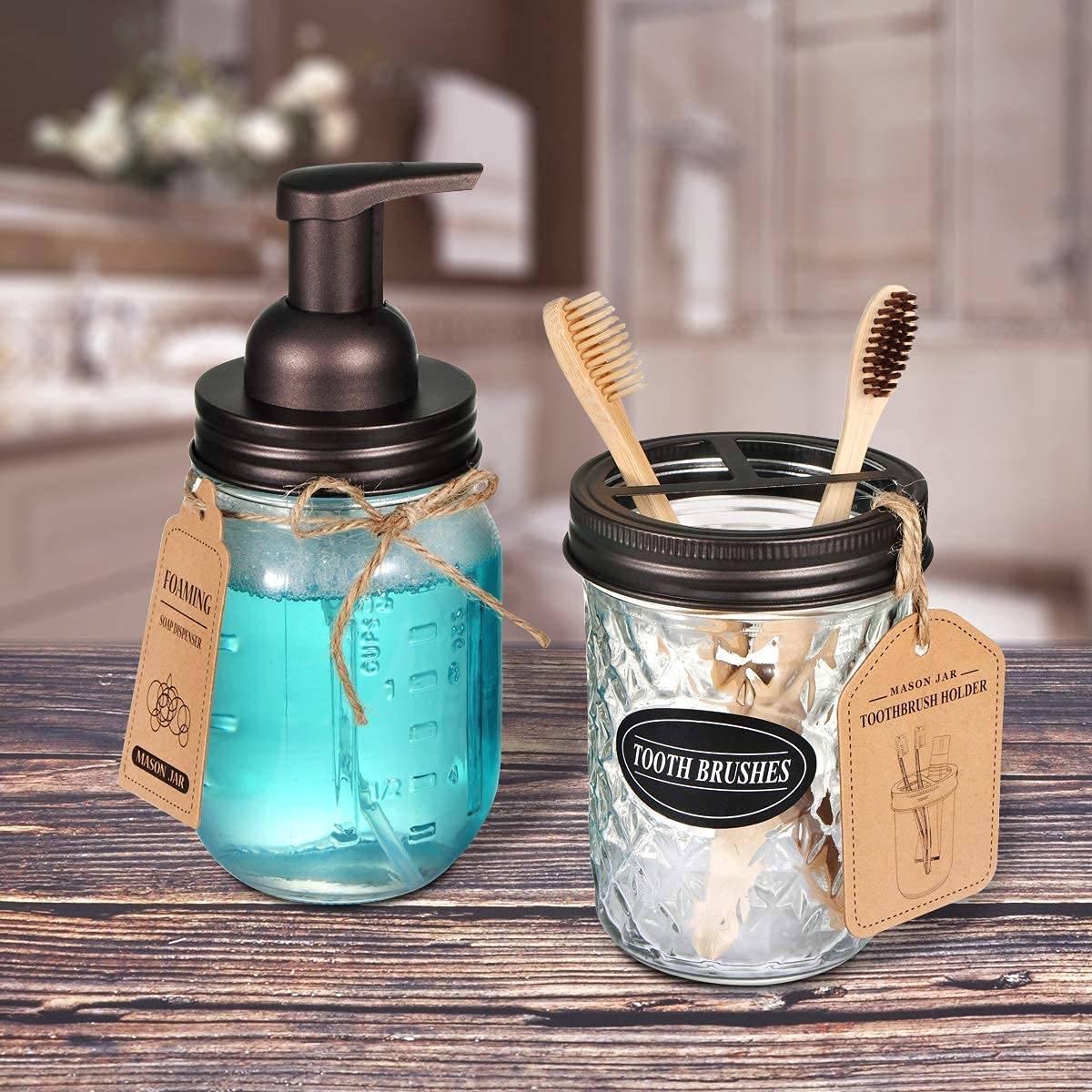 Amolliar Mason Jar Foaming Soap Dispenser Pump Lids, Foaming Pump Replacement Kit for Pint Regular Mouth Mason Jar, Refill Hand Soap, Waterproof Labels, Kitchen Bathroom Farmhouse Decor, Bronze 6 Pack