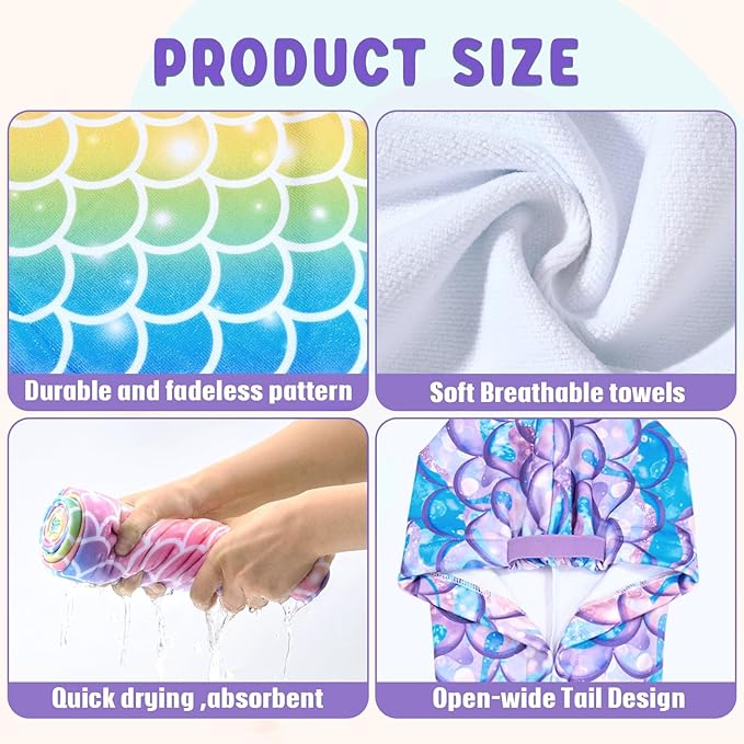 WAWSAM Kids Hair Drying Towel Wrap - Microfiber Hair Towel for Girls, Quick Dry Hair Cap with Button & Elastic Loop, 2 Pack (Rainbow&Purple)