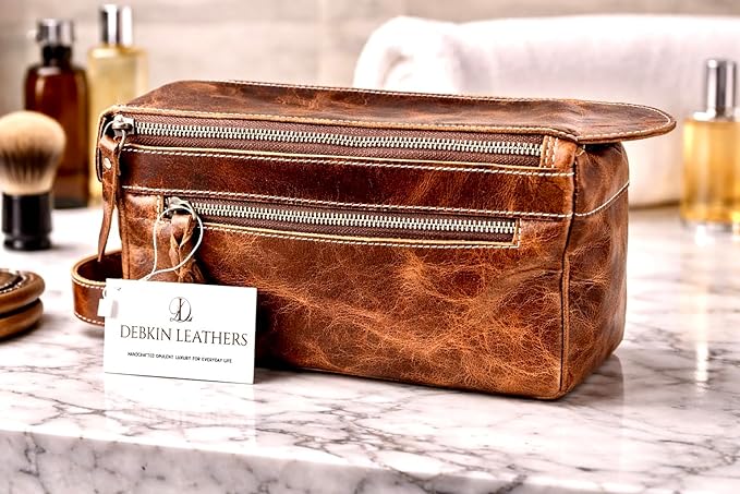 DEBKIN FOCUS Premium Top Grain Buffalo Leather Toiletry Bag for Men & Women – Travel Toiletry Wash Bag, Shaving Grooming Organizer, Water Resistant Lining, Unisex Makeup Travel Pouch