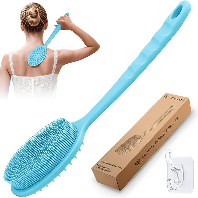 Silicone Back Scrubber for Shower, Soft Silicone Loofah with Handle, Gentle Exfoliating Back Scrubber, Back Brush Bath Brush with Dual-Side & Detachable Brush Head(Blue)