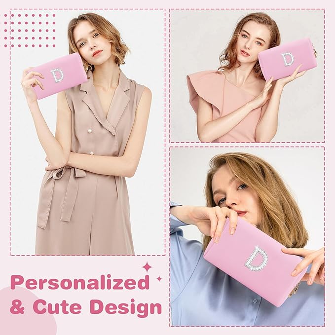 ChaoGreat Bride Gifts – Personalized Initial Makeup Bag with Pearl Rhinestone Patch, Preppy Pink Monogram Cosmetic/Toiletry Pouch, bridesmaid Gifts, Bridal Shower Gifts, Wedding Gifts, Bridal Gifts,D