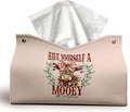Christmas Highland Cows Tissue Box Cover Rectangle, Winter Bows PU Tissue Holders Decorative for Farmhouse Kitchen, Holiday Lodge Christmas Decor Highland Cow Gifts for Women Girls 9.8x5.9x5.9