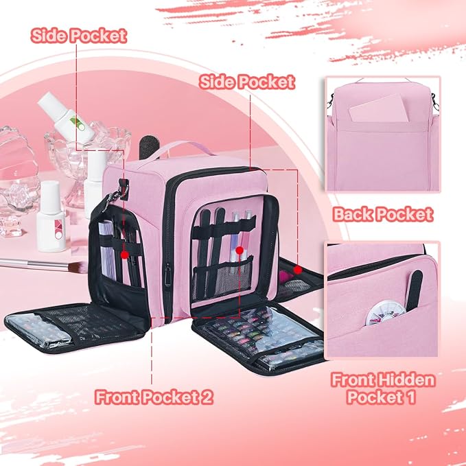UOZL Nail Polish Organizer Case Hold 90 Bottles with 3 Detachable Bag,Pink