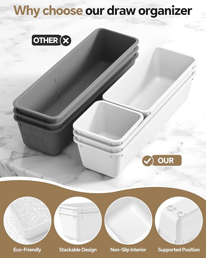 13 Pack Plastic Drawer Organizers Set, 3 Sizes Desk Drawer Organizer Trays for Vanity and Makeup Organizer, Organization and Storage for Makeup, Kitchen Utensils, Bathroom and Office(White)