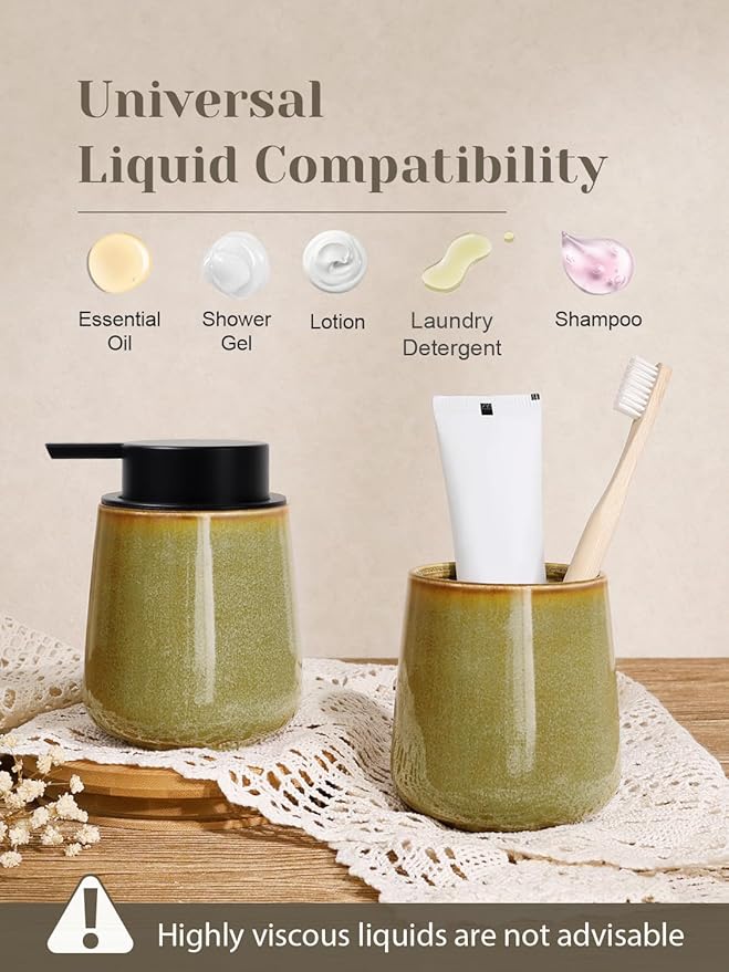 INGOFIN Ceramic Lotion Dispenser - 12 oz Refillable Hand Soap Dispenser Bathroom, Modern Liquid Soap Dispenser with Pump, Dish Dispenser for Kitchen,Kiln-Glazed Earthy Yellow-Brown