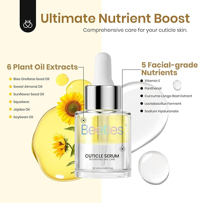 Beetles 20ml Cuticle Oil Nail Oil Care for Nail, Hydrating Oil For ed Cuticles, Remedy For Damaged Skin & Thin Nails Vitamin E, Rice Bran & Sweet Almond Oils Softener Nail Gift