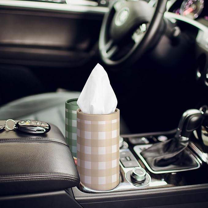 Fourluoo 12 Set Green Plaid Tissue Boxes for Car Cylinder Bulk Fresh Plaid Round Cylinder Holder with 3 Ply Facial Tissues for Spring Summer Travel Bathroom Office Decoration