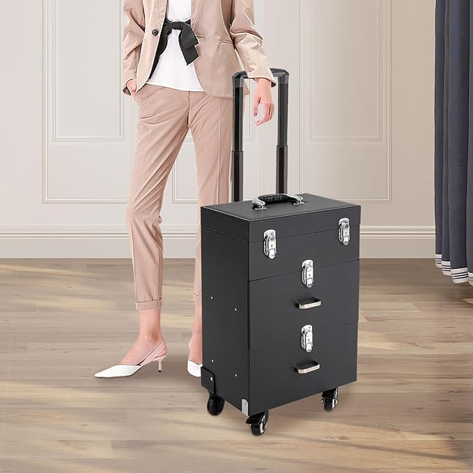 SuiYuLn 44.09lbs Lockable Makeup Train Case,Rolling Hairdressing Trolley,Beauty Salon Cosmetic Luggage with Universal Wheels for Hair Stylist,Make-up Artists (Black 6)