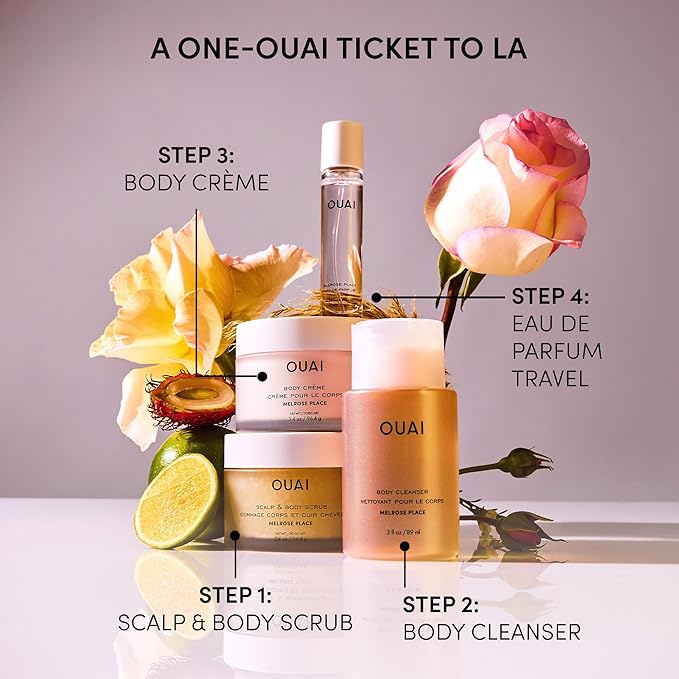 OUAI Scalp & Body Scrub Travel Size, Melrose Place - Exfoliating Body Scrub with Sugar & Coconut Oil Blend for Smooth, Moisturized Skin - Gentle for Removing Product Build Up (3.4 Oz)