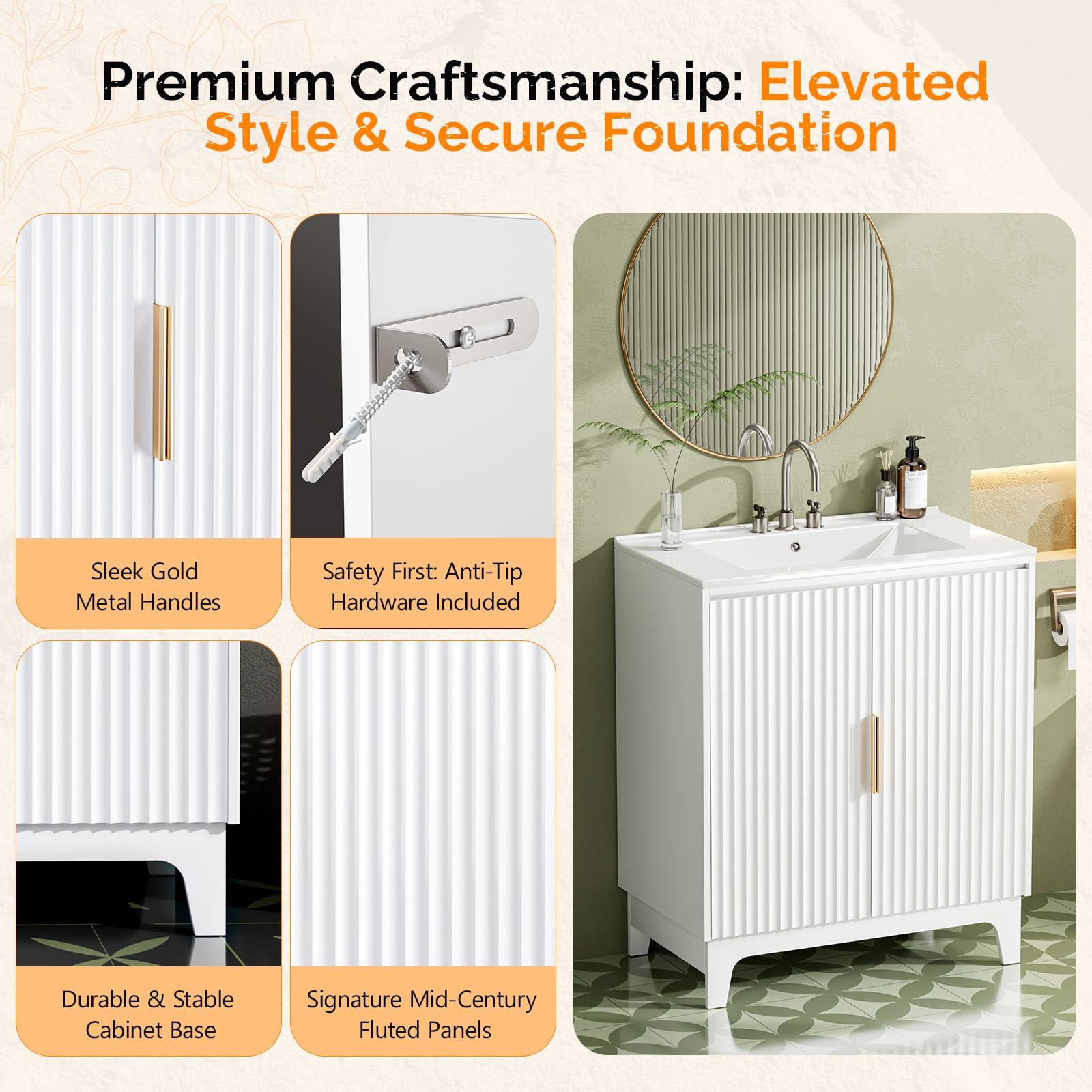 VINGLI 30 Inch Bathroom Vanity with Sink, Modern White Freestanding Cabinet with Ceramic Top, Fluted Soft-Close Doors & Gold Handles, U-Shape Storage for Small Bathroom