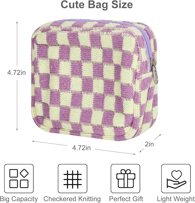 CekPo Sanitary Napkin Storage Bag, Menstrual Pad Zipper Bag Checkered Portable Period Bag Panty Liners, Tampon Storage Pouch for Women Ladies Daily Use Storage Purse Travel