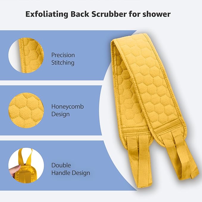 XNXA Back Scrubber for Shower with Handles, 40 Inch Extra Long Double-Sided Exfoliating Bath Strap, Textured Body Washer with Extended Reach for Deep Cleaning (Yellow)