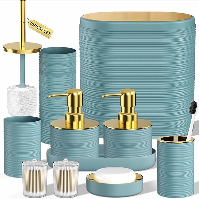 InnJoey Bathroom Set, 10PC Bathroom Accessory Set, Light Blue Bathroom Accessories, Blue and Gold Bathroom Set with Trash Can, Soap Dispensers