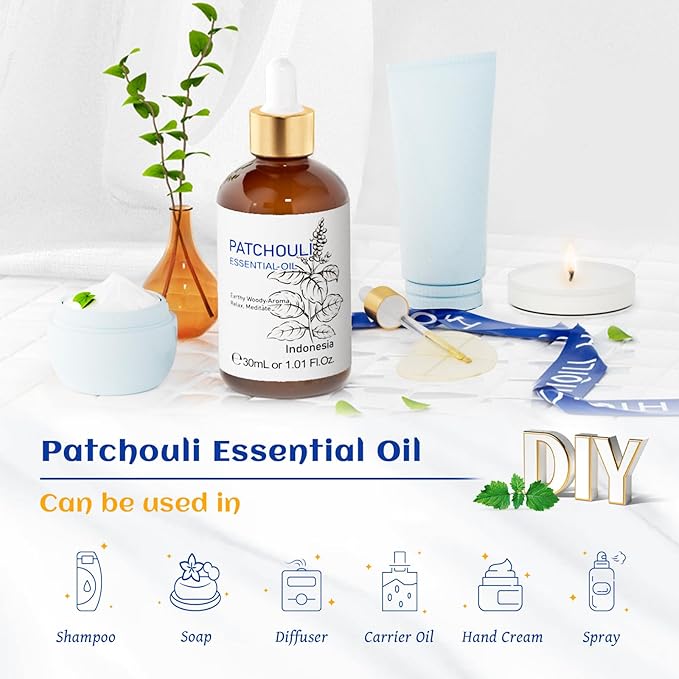 HIQILI Patchouli Essential Oil, for Diffuser, Homemade Perfume, Skin Care, Aromatherapy, Gift for Hippie Friend-30ML