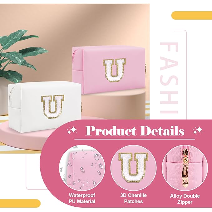 Personalized Initial A-Z Preppy Patch Makeup Bag,Small PU Chenille Letter Cosmetic Bag with Zipper for Teen Girls,Pink Cute Toiletry Organizer Bag,Monogram Makeup Case Gift for Women Girls,Letter U