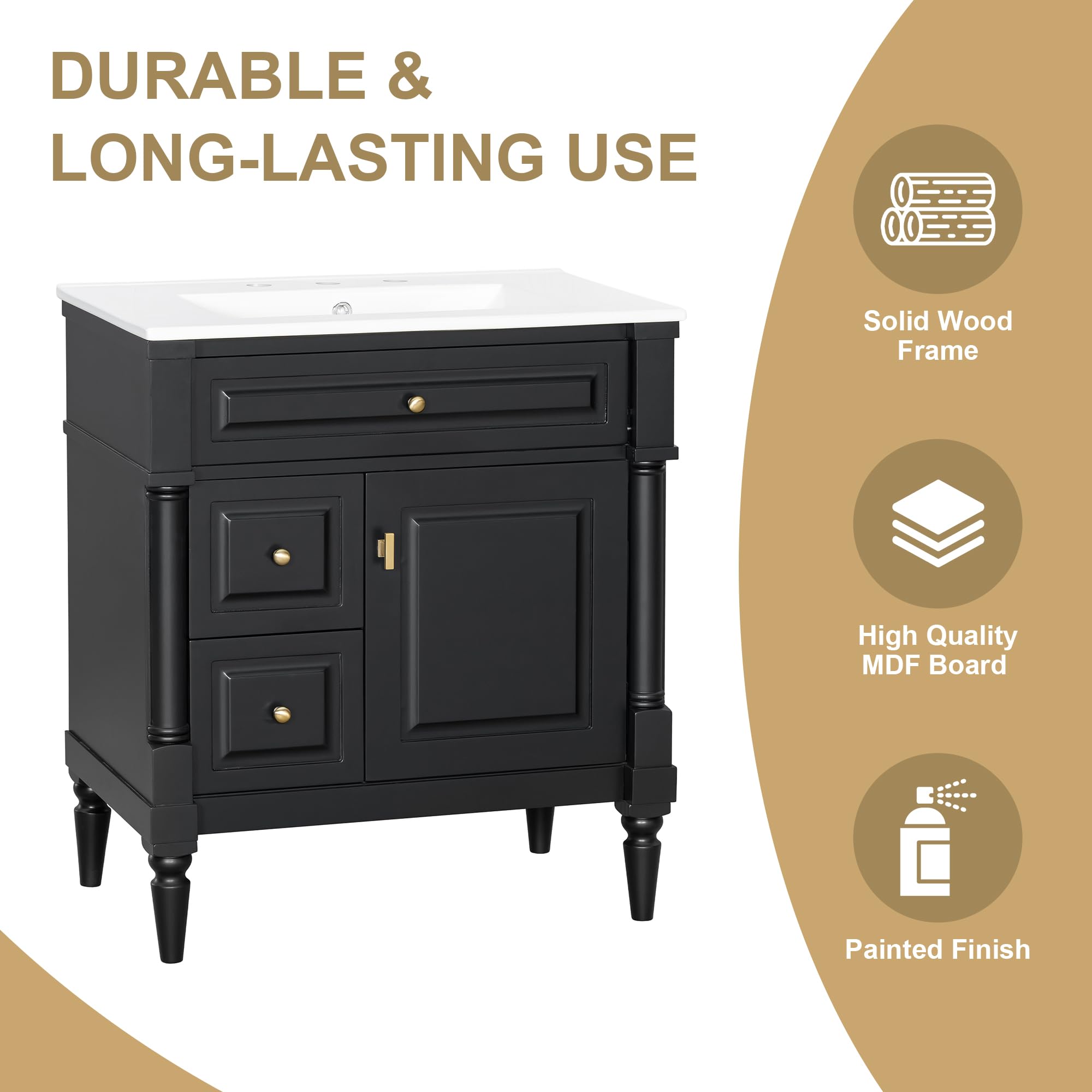 Harper & Bright Designs 30" Bathroom Vanity with Sink, Free Standing Bathroom Vanity Set with Flip Drawer, 2 Drawers, and Adjustable Shelf, Wood Storage Cabinet with Ceramic Basin for Bathroom, Black