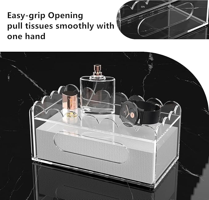 LUGUNU Acrylic Tissue Box Holder, Clear Rectangular Tissue Box Cover with Storage Tray, Modern Decorative Tissue Holder for Living Room, Bathroom and Office, 9.8x5x4.5 Inch