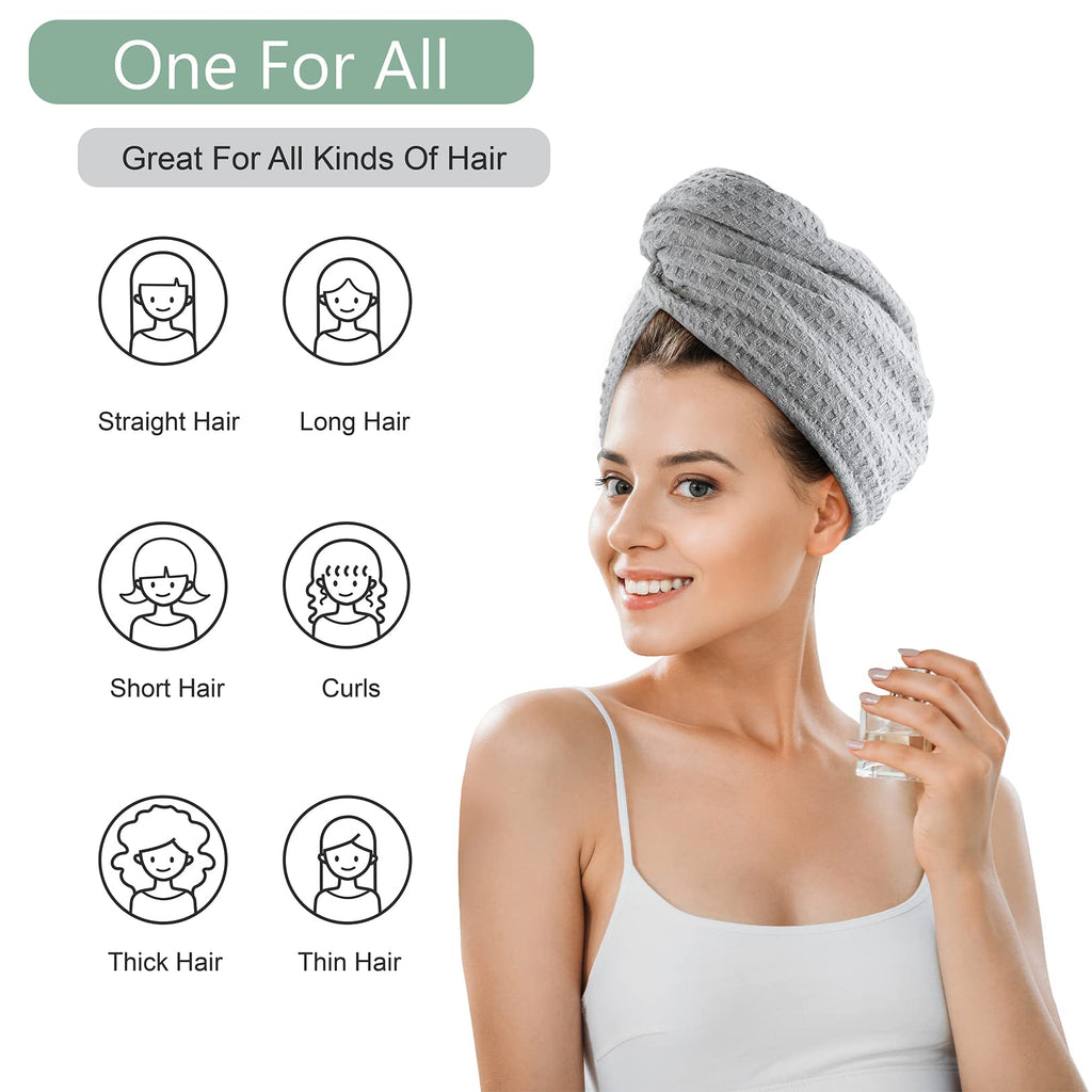 Microfiber Hair Drying Towel: 2 Pcs Waffle Long Hair Turban Wraps (Gray)