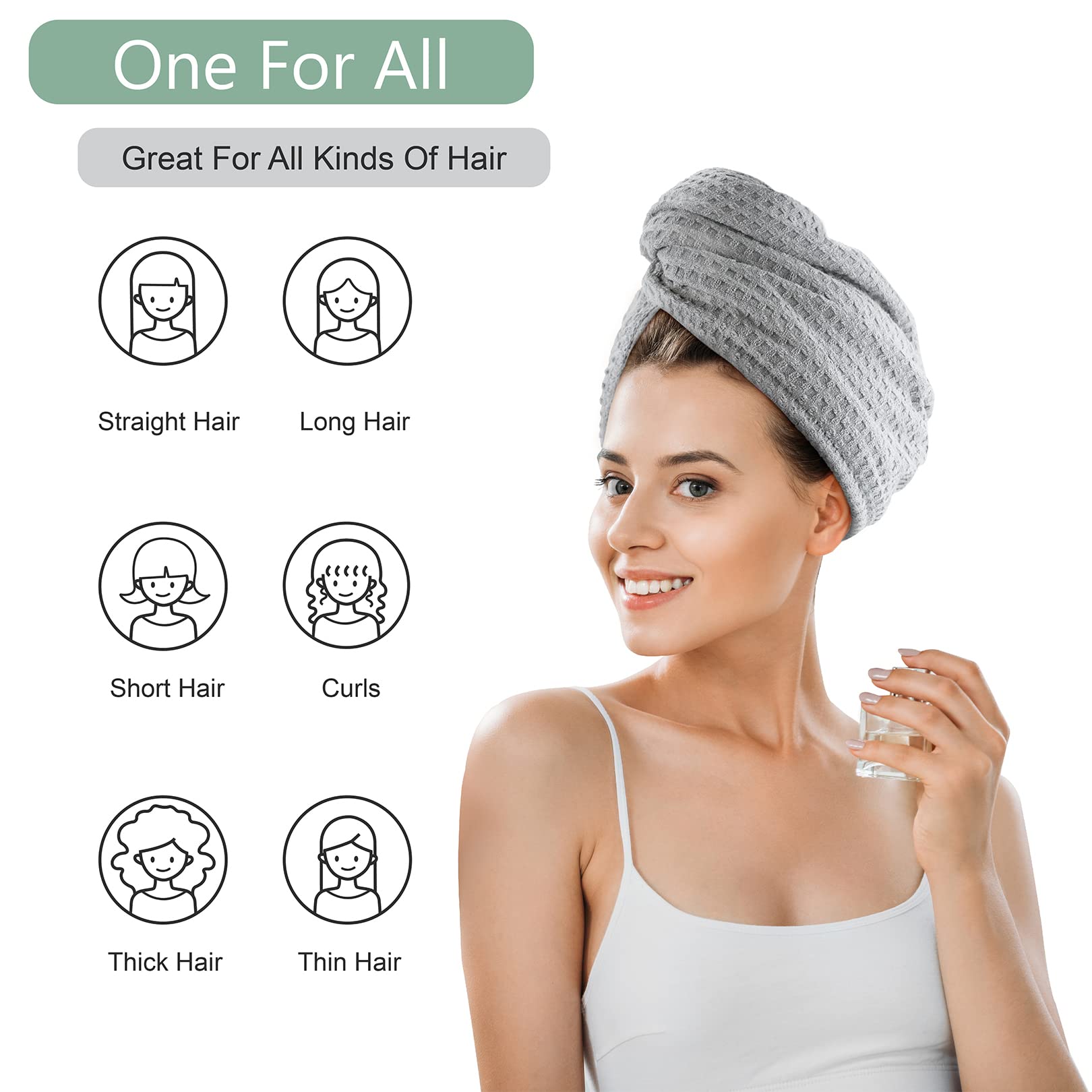 Microfiber Hair Drying Towel: 2 Pcs Waffle Long Hair Turban Wraps (Gray)