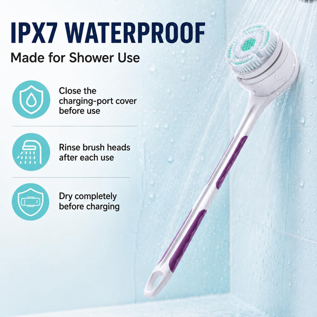 SoulBay IPX7 Electric Body Brush with 17" Handle, 5 Brush Heads