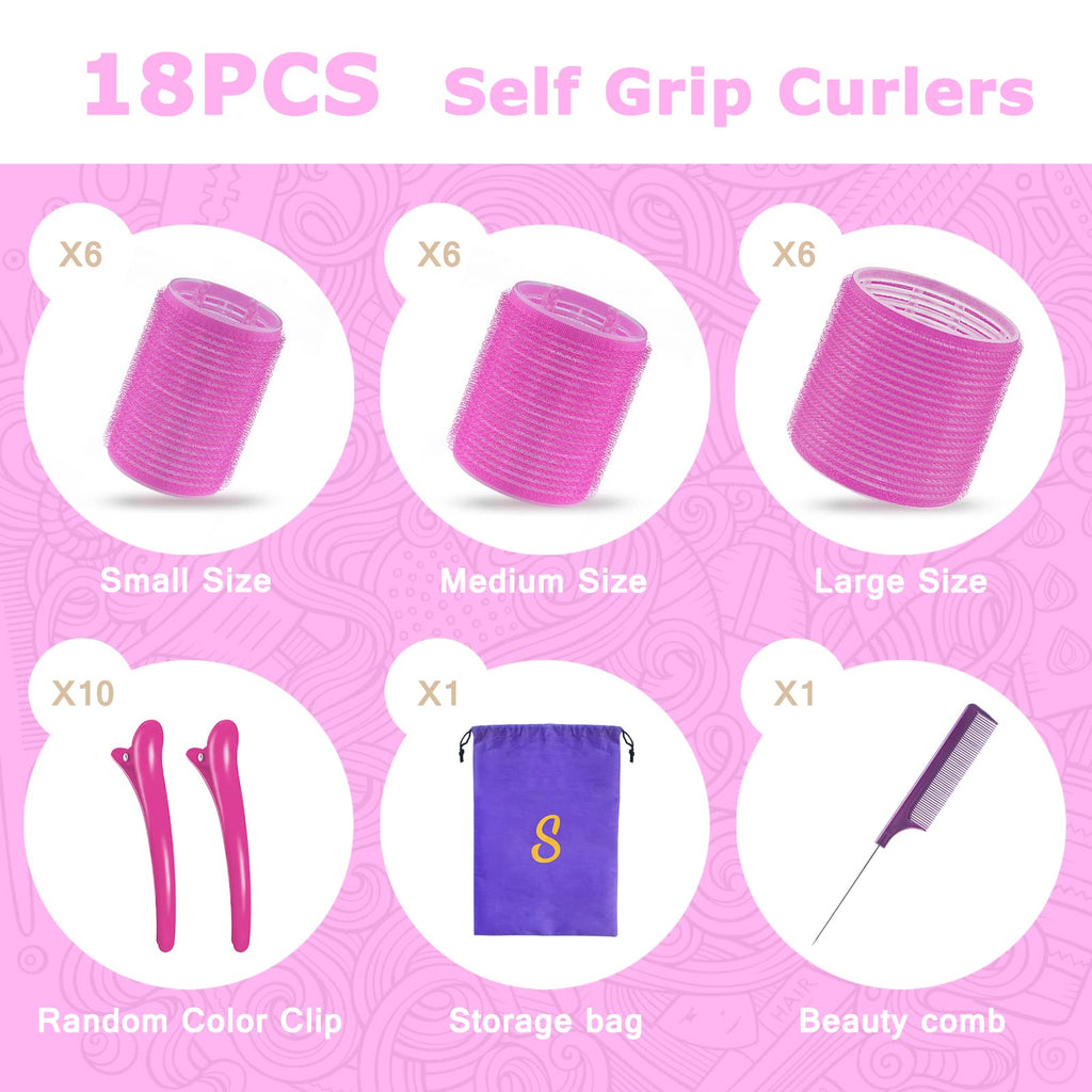 Sungenol Self Grip Hair Rollers Set, 18 Rollers in 3 Sizes with Clips