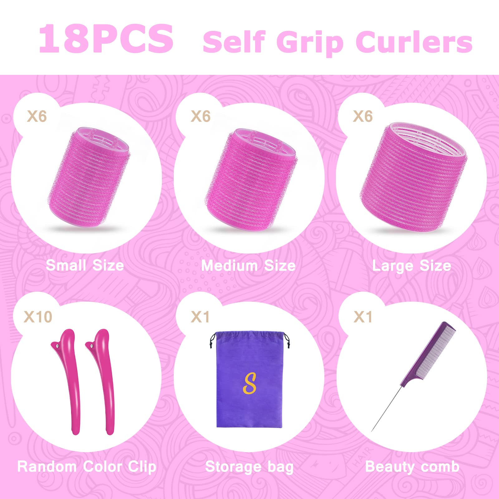 Sungenol Self Grip Hair Rollers Set, 18 Rollers in 3 Sizes with Clips