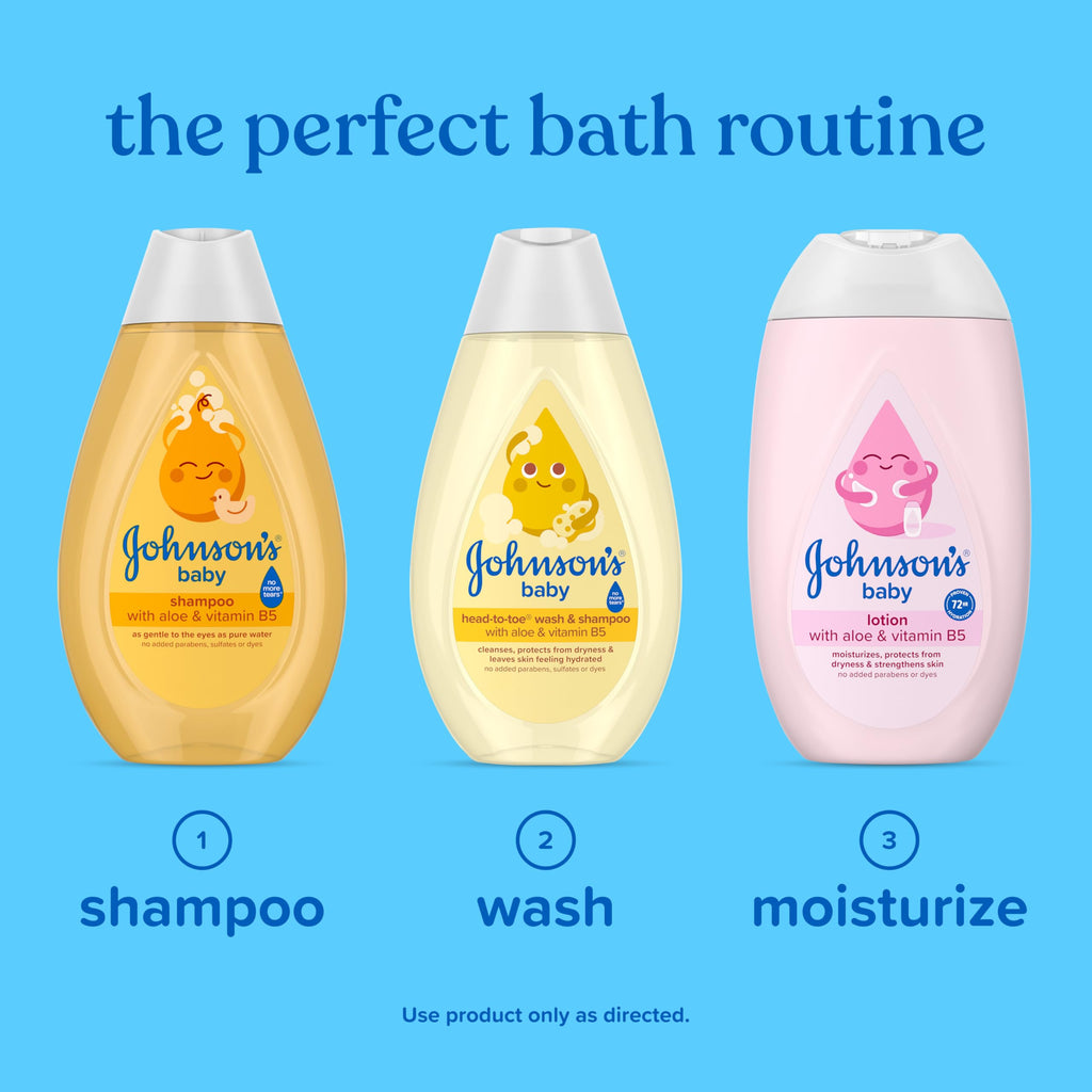 Johnson's Baby Head-To-Toe Baby Wash & Shampoo + Aloe & Vitamin B5, 2-in-1 Bath Wash Gently Cleanses Newborn's Delicate Skin & Hair, Hypoallergenic, No Added Parabens, Dyes & Sulfates, 13.6 fl. Oz