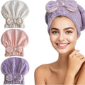Jseng Microfiber Hair Towel Caps for Wet Hair with Cute Bowtie, 3Packs Fast Drying Hair Towel Caps for Long Curly Hair Women