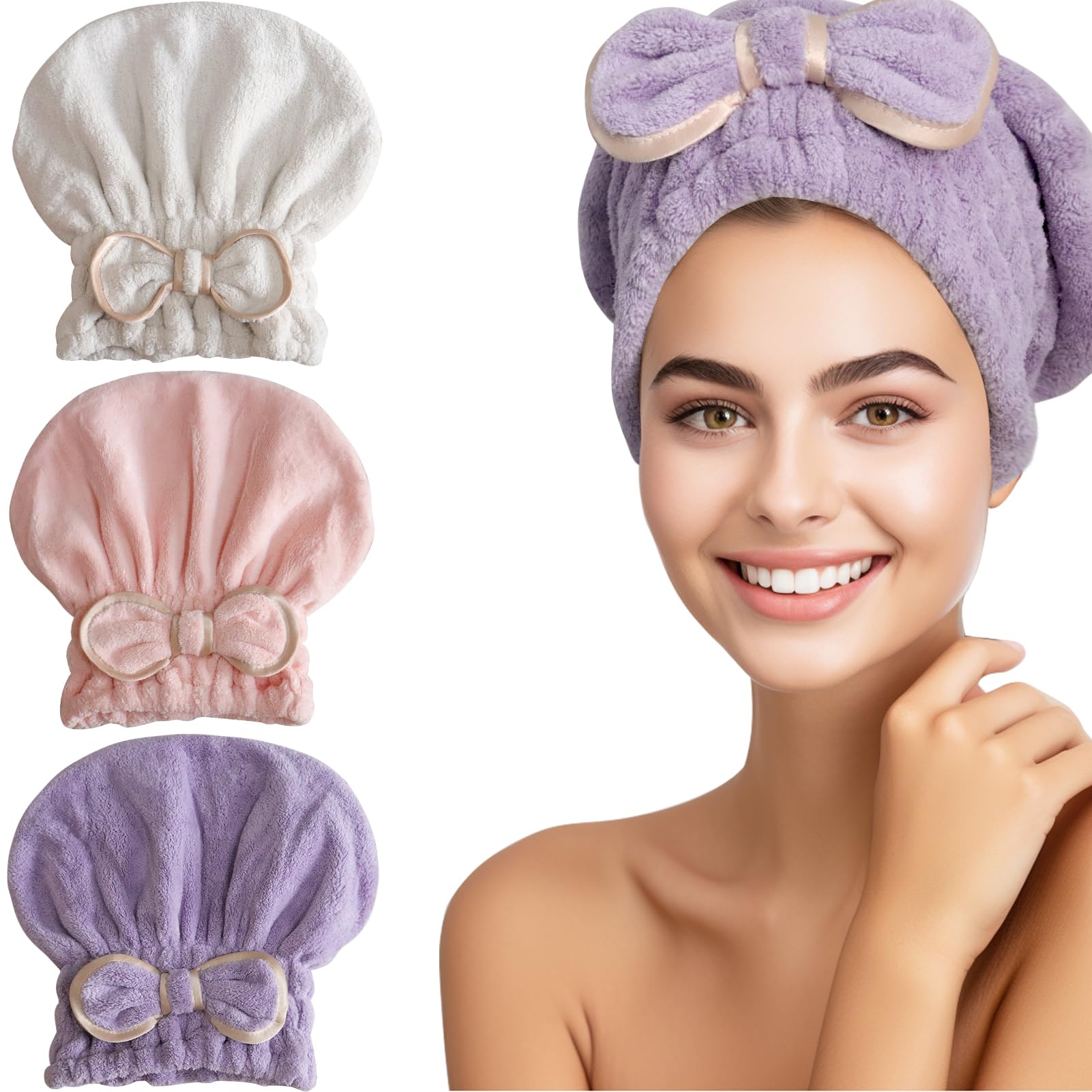 Jseng Microfiber Hair Towel Caps for Wet Hair with Cute Bowtie, 3Packs Fast Drying Hair Towel Caps for Long Curly Hair Women