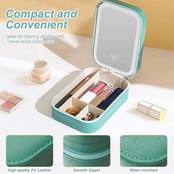 voioe Small Travel LED Makeup Mirror Case with 3 Adjustable Color Light Settings, Dust-Proof Jewelry Box, Mini Cosmetic Train Case Ideal for Short Trips (Green)