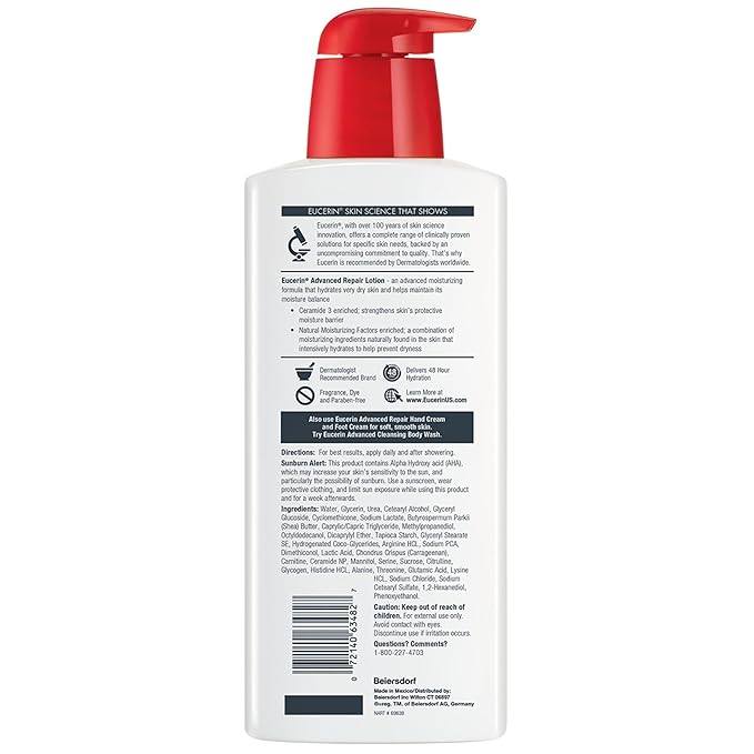 Eucerin Advanced Repair Lotion, Urea Enriched, Unscented Body Lotion for Dry Skin With Triple Moisturizing Complex, 16.9 FL OZ Bottle