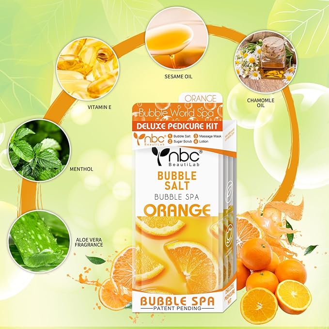 nbc BeautiLab Pedicure Kit Foot Soak Set: Bubble Salt, Sugar Scrub, Massage Mask, Massage Lotion in a Box, 4 Step Foot Spa Kit for Dry Feet, Softens Calluses and Tired Feet（1 Set Orange)