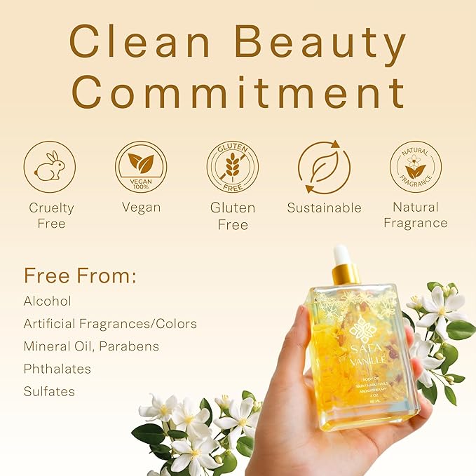 SAFA Vanillé Oil - Organic Vanilla Oil for Face, Body, Hair, Nails & Aromatherapy | Essential Oil for All Skin Types | After Shower Body Oil | Natural Moisturizer & Nourishing Perfume Oil - 118 ml