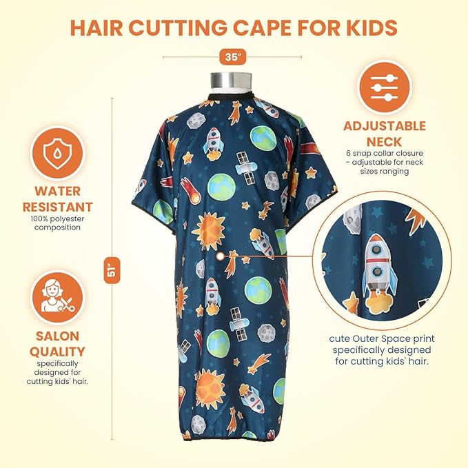 Kids Hair Cutting Cape - Outer Space - Water-Resistant Salon Cape for Kids