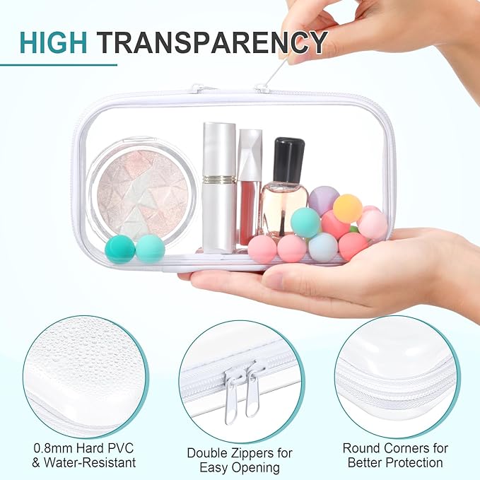 Hoolerry 4 Pcs Hard Clear Zipper Case Makeup Bags Plastic Zipper Pouch Transparent Storage Box Containers for Cosmetics, Snacks, Building Blocks, Puzzles(Clear,7.5 x 3.9 x 2 in,White)