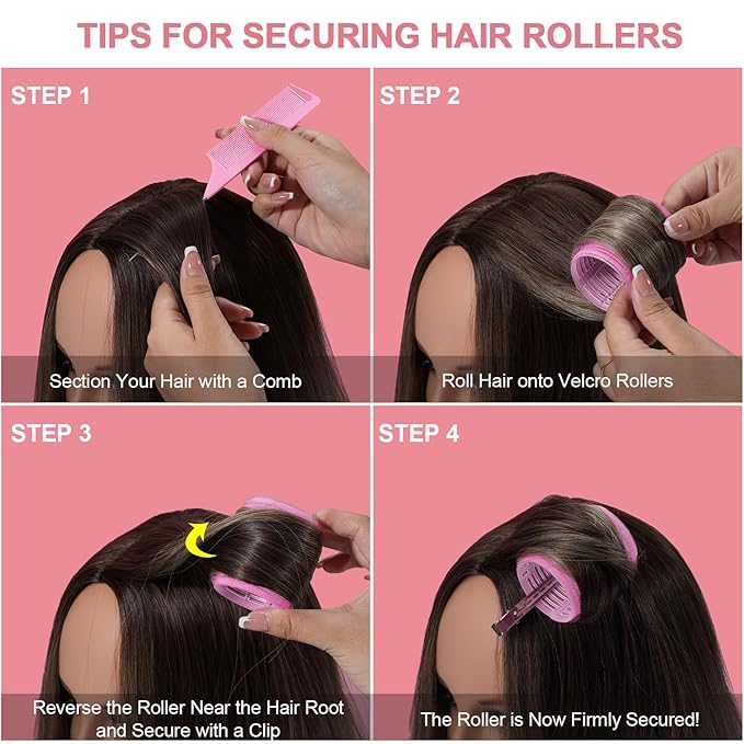IKOCO Hair Rollers Set, 4 Sizes with 12 Clips and Comb - Self Grip Curlers for Long/Short Hair, Thermal Safe Rollers for Salon-Worthy Styling Pink